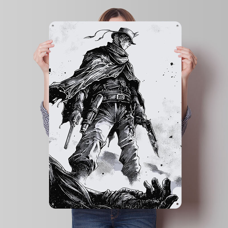Retro Gaming Gun - Cowboy mit Pistolen und Messer Metallposter