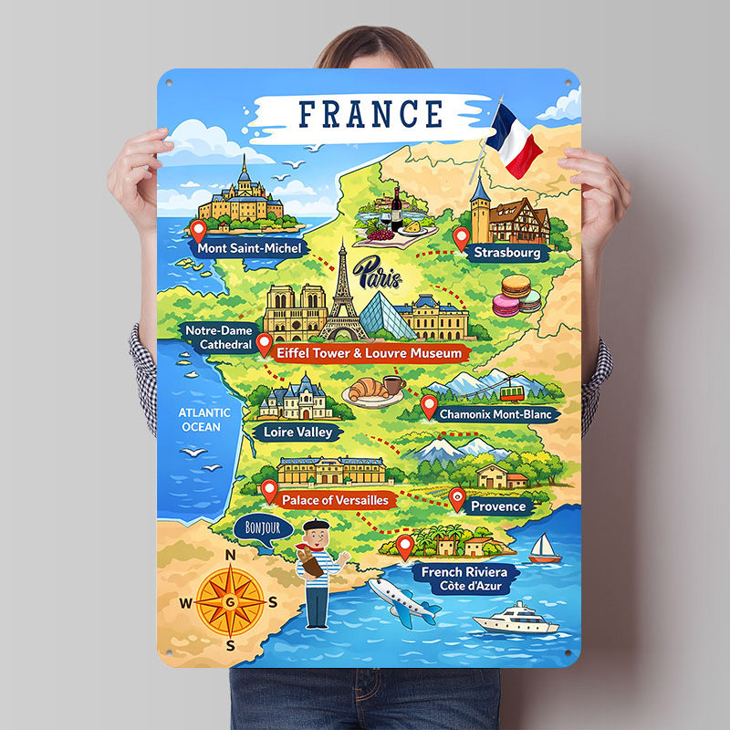 Retro Gaming France - Frankreich Reisekarte Cartoon Metallposter Individuelle Wandkunst